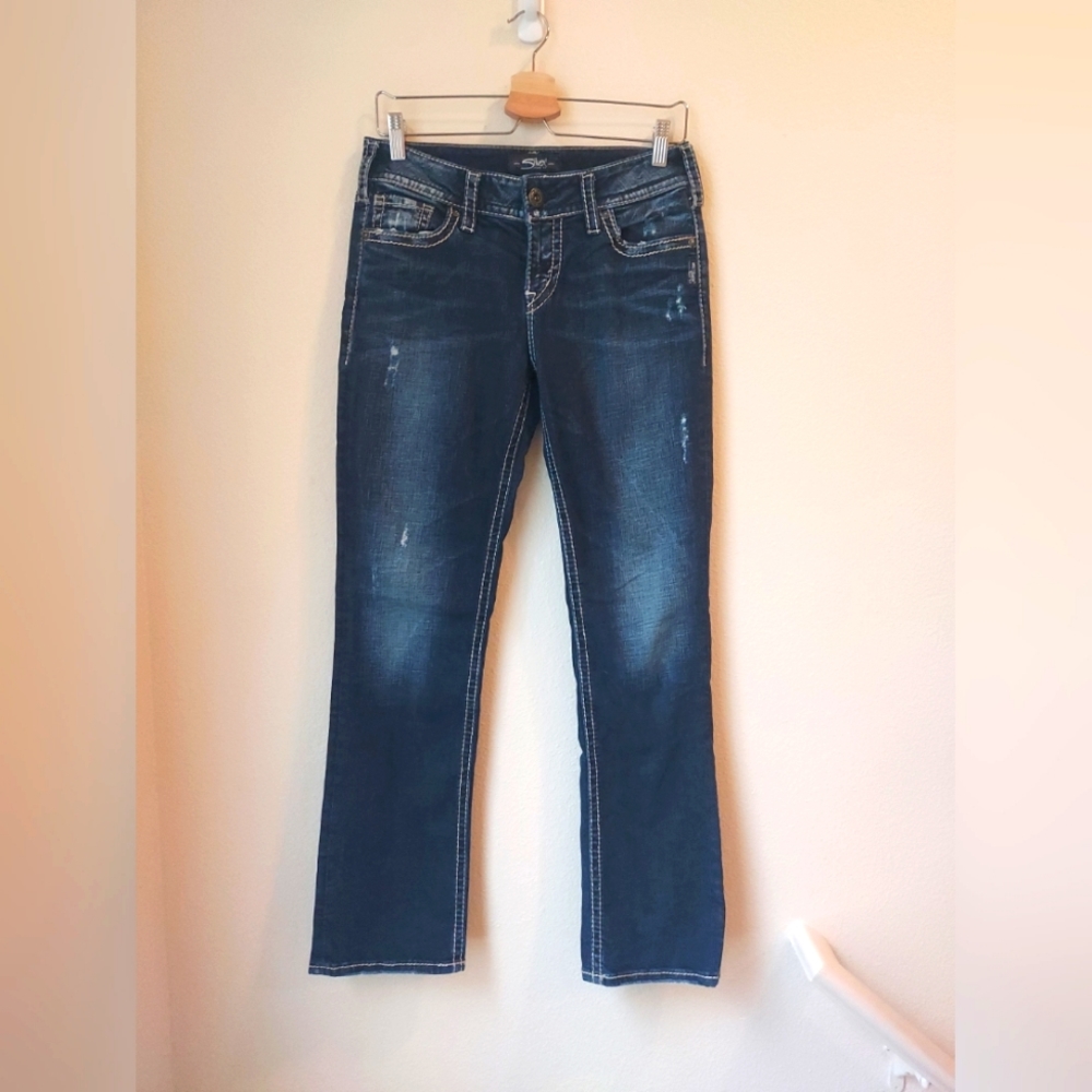 Woman's Silver Jeans Dark Wash Suki Mid Straight W28/L30